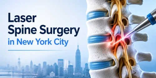 Illustration of laser spine surgery with New York City skyline in the background.