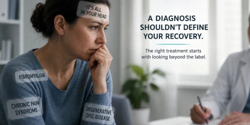 A pensive woman surrounded by labels like "Fibromyalgia" and "Chronic Pain" with text advocating for treatment beyond diagnosis.