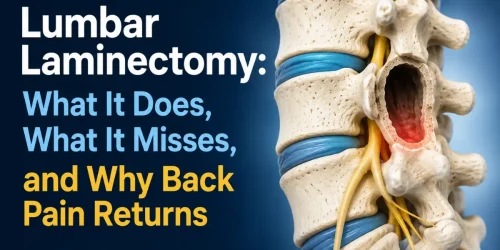 Text "Lumbar Laminectomy: What It Does, What It Misses, and Why Back Pain Returns" next to a spine model.