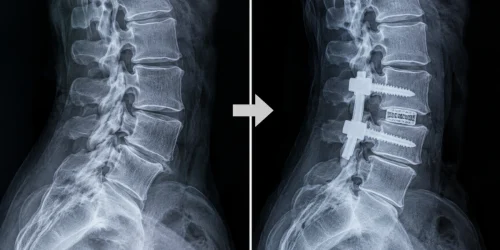 Side-by-side lumbar spine X-rays showing the lower back before spinal fusion and after surgery with implanted screws, rods, and an interbody spacer.