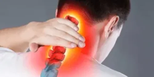 Man touching neck, pain is highlighted in the red colored cervical spine under his hand.