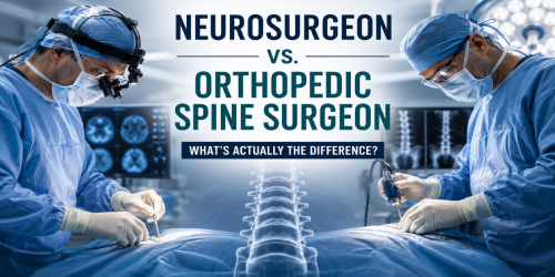 Two surgeons operate on a patient with an overlay of text about neurosurgeons versus orthopedic spine surgeons.