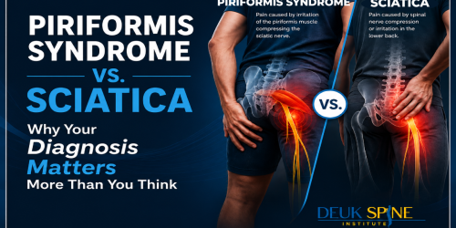Comparison of piriformis syndrome and sciatica highlighting different pain sources with text from Deuk Spine Institute.