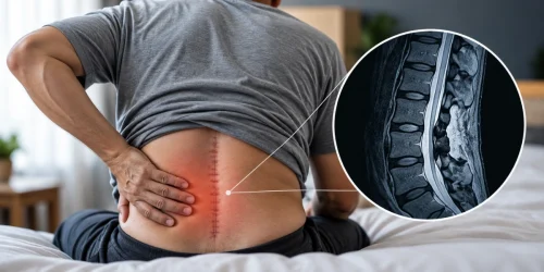 Patient experiencing lower back pain around a spinal surgery scar, with an inset lumbar MRI showing the spine after surgery.