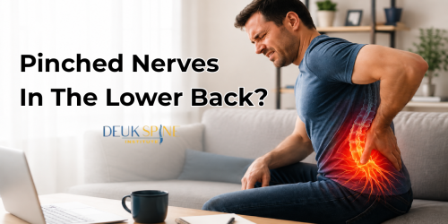 Man on a sofa clutching his lower back in pain with text about pinched nerves.