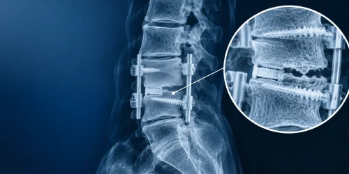 Lumbar spine X-ray showing spinal fusion rods and screws with a magnified view of the fusion site, illustrating pseudarthrosis, or failed bone fusion, after spinal surgery.
