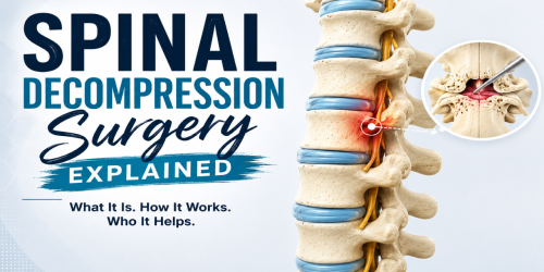 Spinal decompression surgery infographic with a labeled spine and text descriptions.