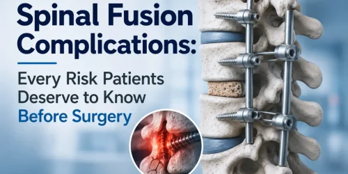 Diagram of a spine with metal rods and screws, titled "Spinal Fusion Complications" with a focus on surgical risks.