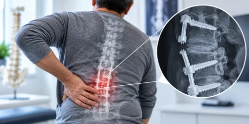 Patient experiencing lower back pain with an X-ray showing broken spinal fusion rods and screws, illustrating spinal fusion hardware failure.