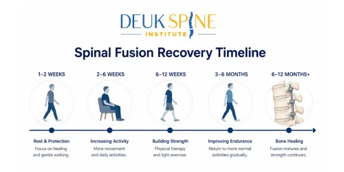 Spinal fusion recovery timeline with stages from rest to bone healing over 6-12 months.