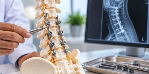 Spinal fusion model showing rods and screws attached to the lumbar spine, with an X-ray displaying spinal fusion hardware.