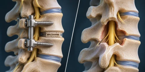 Side-by-side medical illustration comparing spinal fusion with rods, screws, and an interbody spacer to laminectomy surgery involving removal of part of the vertebral bone to relieve nerve compression.
