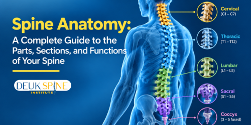 Diagram of the human spine with labeled sections: cervical, thoracic, lumbar, sacral, and coccyx.