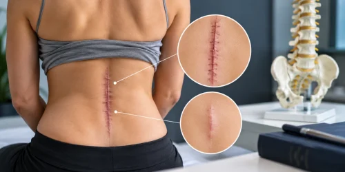 Lower back showing spine surgery scars with close-up views of healing incisions after lumbar spinal surgery.
