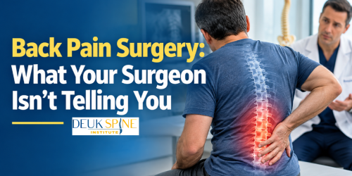 Man with back pain sitting next to a doctor, with text about surgery information.