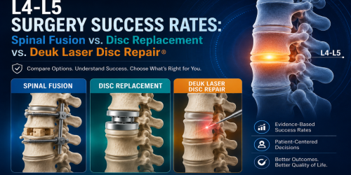 Comparison of L4-L5 spinal surgery methods: fusion, disc replacement, and Deuk laser repair, highlighting success rates.