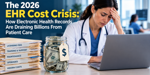 A stressed doctor at a laptop, with text about EHR costs, a jar of money, and a stack of labeled files.