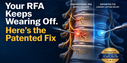 Ad for a patented RFA fix showing a spine with two treatment methods: conventional and patented.