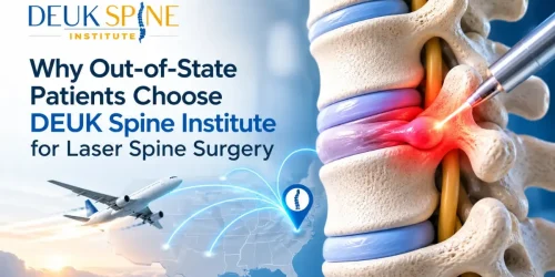 Promotional image for DEUK Spine Institute highlighting out-of-state patients choosing their laser spine surgery.