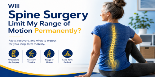 Woman practicing yoga with a highlighted spine next to text about spine surgery and mobility.