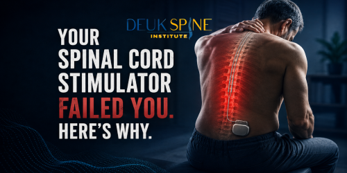 Man with illuminated spinal cord graphic and highlighted text about spinal cord stimulator issues.