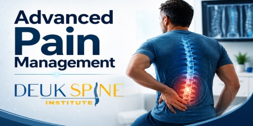 Man holding his back with a highlighted spine illustration next to "Advanced Pain Management, Deuk Spine Institute" text.