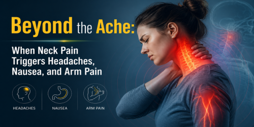 Woman with neck pain highlighted, illustrating its link to headaches, nausea, and arm pain.