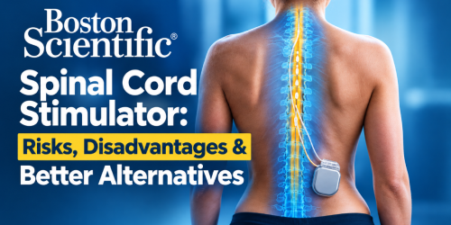 Image of a woman's back showing a spinal cord stimulator device, with text about risks and alternatives.