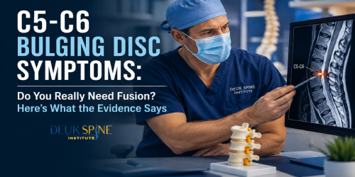 Doctor pointing at spine MRI labeled C5-C6 with text about bulging disc symptoms and fusion.