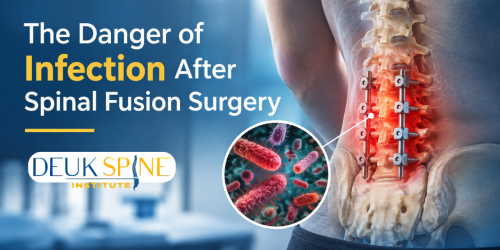 Illustration of spinal fusion surgery with highlighted infection risk, alongside text about infection dangers.