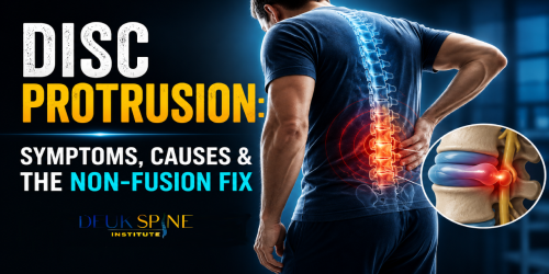 Man with highlighted spine pain and an inset of a disc protrusion diagram.