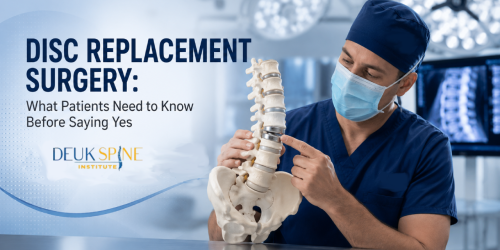 A surgeon in scrubs and mask examines a spinal model next to text about disc replacement surgery.