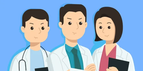 Three cartoon doctors, one female and two males, in white coats on a blue background.
