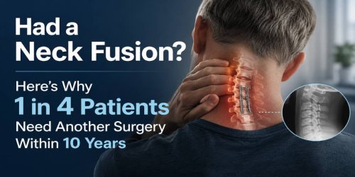 Man holding neck with spine illustration and text about neck fusion surgery risks.