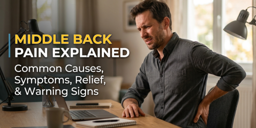 Man holding his back in pain next to text about middle back pain causes and solutions.