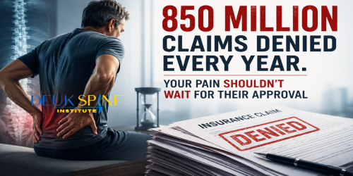 Man with back pain sitting, text about denied insurance claims, and logo for Deuk Spine Institute.