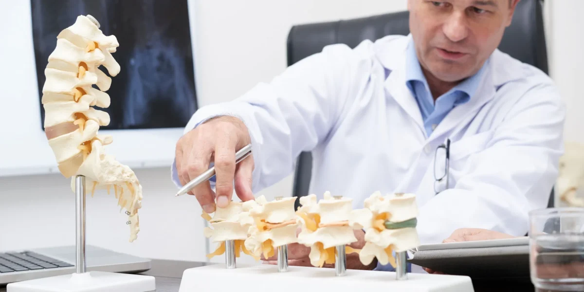 Surgeon discusses spine models in an office