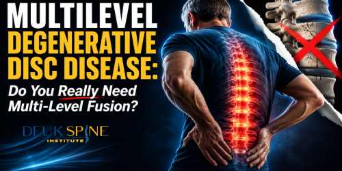Man with highlighted spine holding back, accompanied by text about degenerative disc disease and spinal fusion.