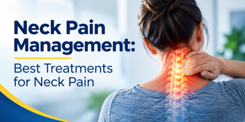 Person holding their neck with spine highlighted, alongside text about neck pain management.