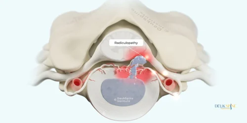 Illustration of radiculopathy in a spinal section with labels, from Deuk Spine Institute.