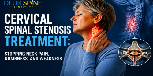 Woman holding neck in pain, with labeled spine illustration and text about cervical spinal stenosis treatment.