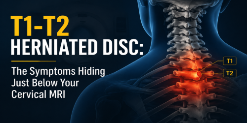Illustration of a herniated disc at T1-T2 with highlighted spine and text about hidden symptoms below cervical MRI.