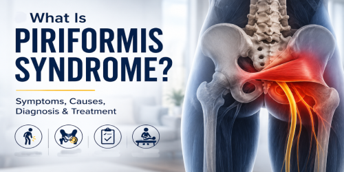 Diagram of the hip area highlighting the piriformis syndrome with text about symptoms, causes, diagnosis, and treatment.