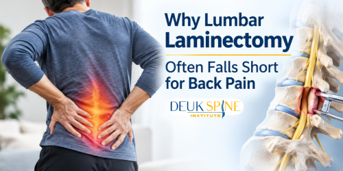 Person with back pain illustration and medical information about lumbar laminectomy by Deuk Spine Institute.